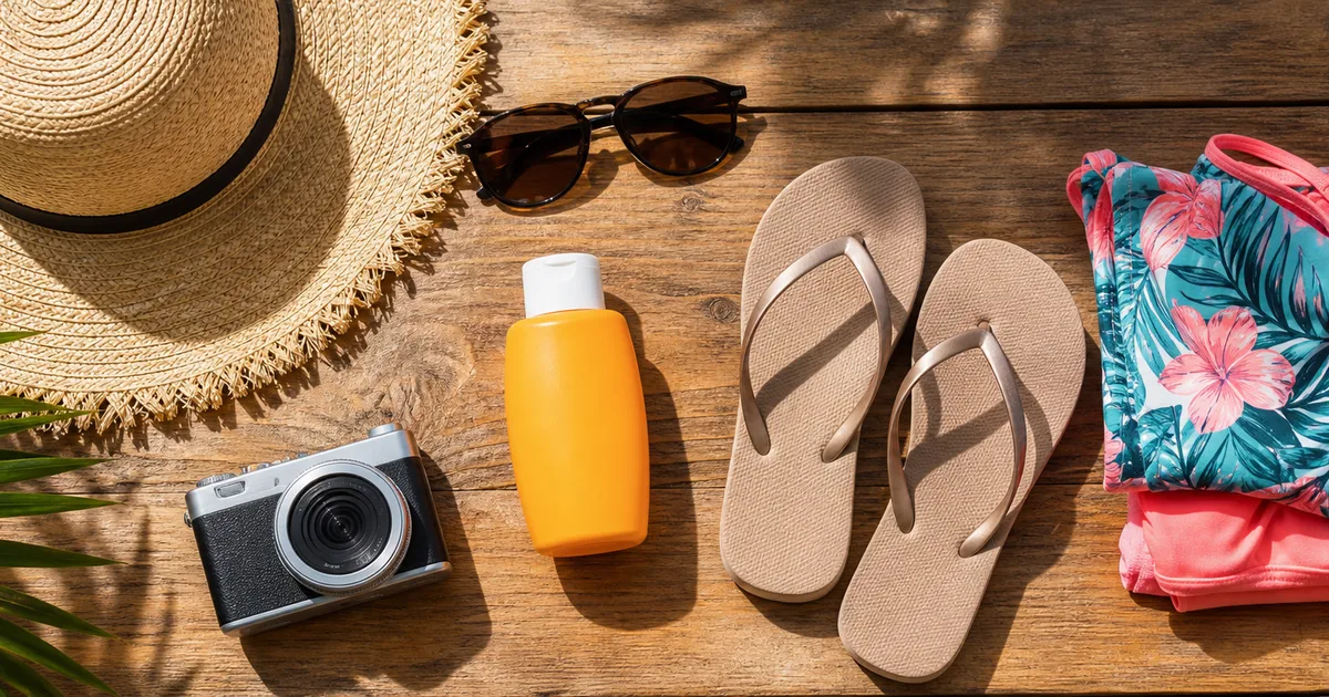 Open bag with tropical travel essentials for Phu Quoc