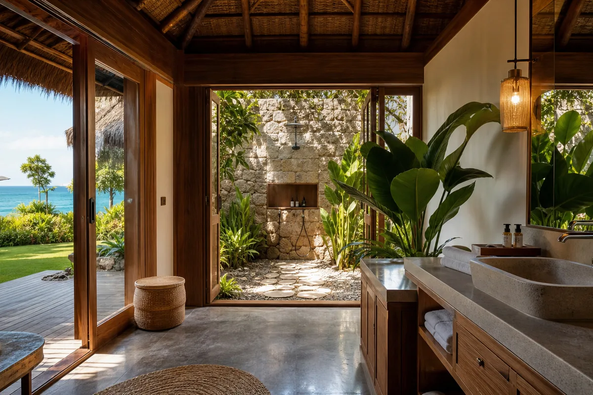 Beachfront bungalow ensuite bathroom — rain shower with tropical stone tiles