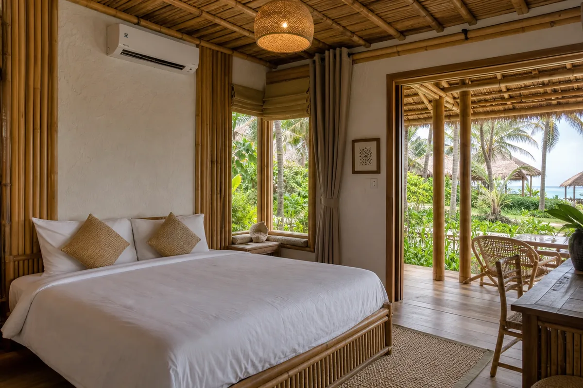 Garden Bungalow interior — bamboo walls, queen bed with mosquito net, warm ambient lighting