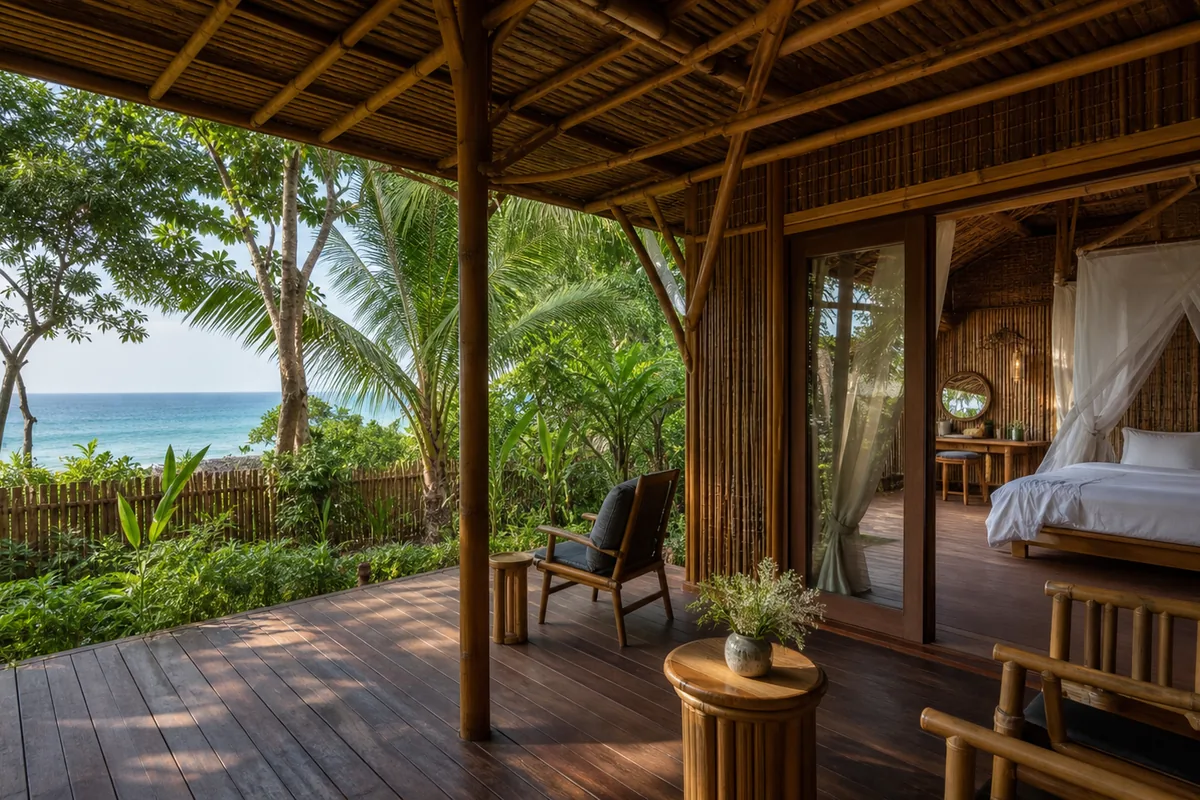 Garden Bungalow private terrace with hammock and tropical garden view, Phu Quoc