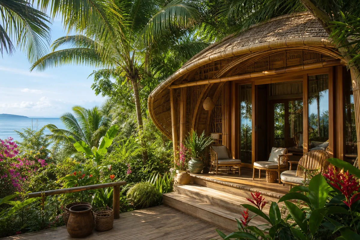 Bungalow vườn Phú Quốc — cabin tre nhiệt đới bao quanh bởi cọ và hoa sứ