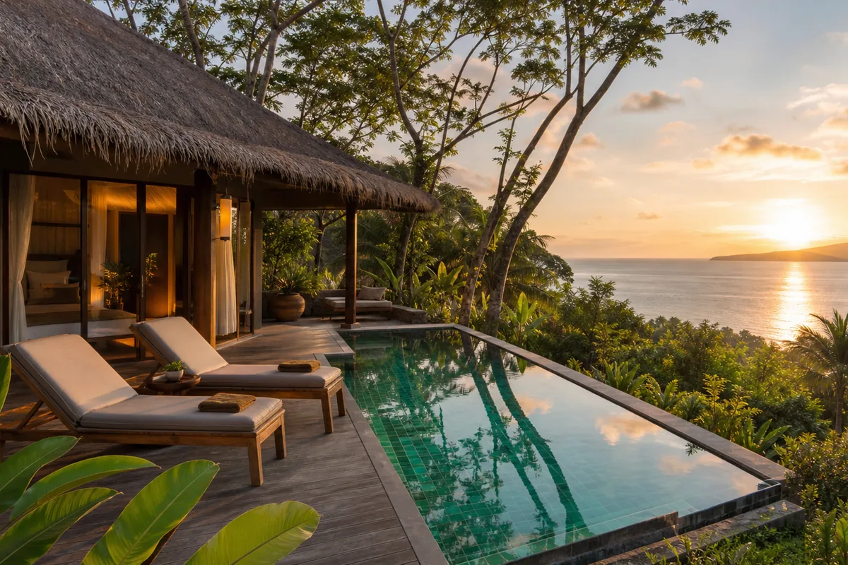 Bungalow hồ bơi Phú Quốc — hồ bơi nhỏ riêng tư bao quanh bởi cây nhiệt đới